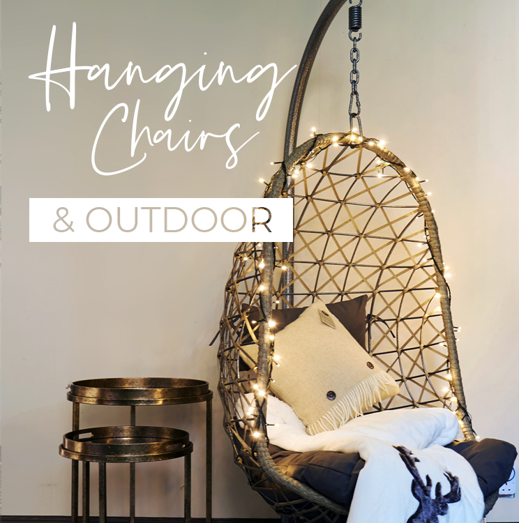 Hangchair with string lights alongside text stating "Hanging chairs & Outdoors"