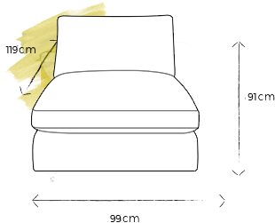 specification drawing of armless sofa unit stating dimensions of "119cm width and 9cm height"