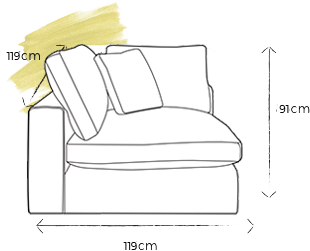 scale line drawing of a sofa corner unit with text stating "119cm width, 91cm height"