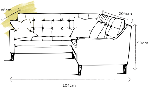 specification drawing of jonah corner sofa with dimensions "86cm depth 204cm width 90cm height"