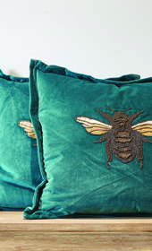 Teal Velvet Cushion with embroidered Bee to front
