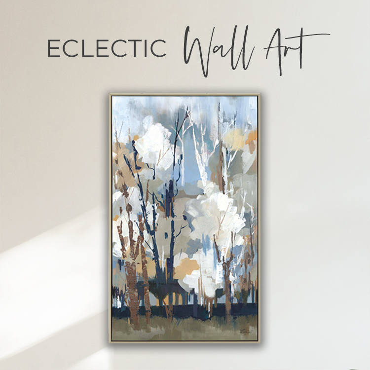 A rectangular abstract tree scape painting, in shades of blue, orange and white hanging on cream wall