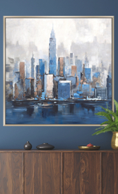 wall art print in blue tones depicting city scene