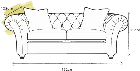 specification drawing of 2 seat buttonback sofa with dimensions 108cm depth 75cm height 192cm width