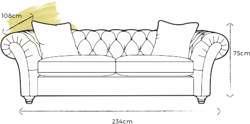 specification drawing of extra large buttonback sofa with dimension text stating 108cm depth 75cm height and 234cm width