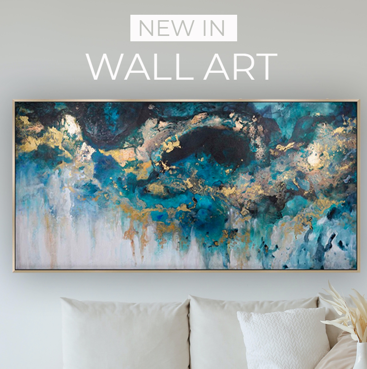 Blue Abstract Picture with text "New In Wall Art"