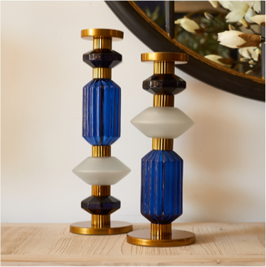 blue black and gold glass candlesticks