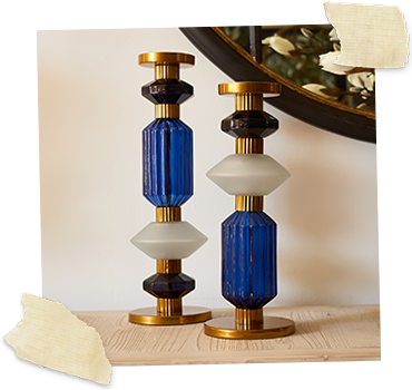 white blue and gold glass candleholder