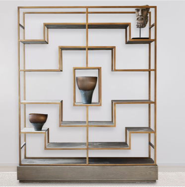 oak wood and gold metal shelving unit with decorative vases