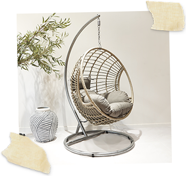 natural wicker round hanging chair with grey cushion pad
