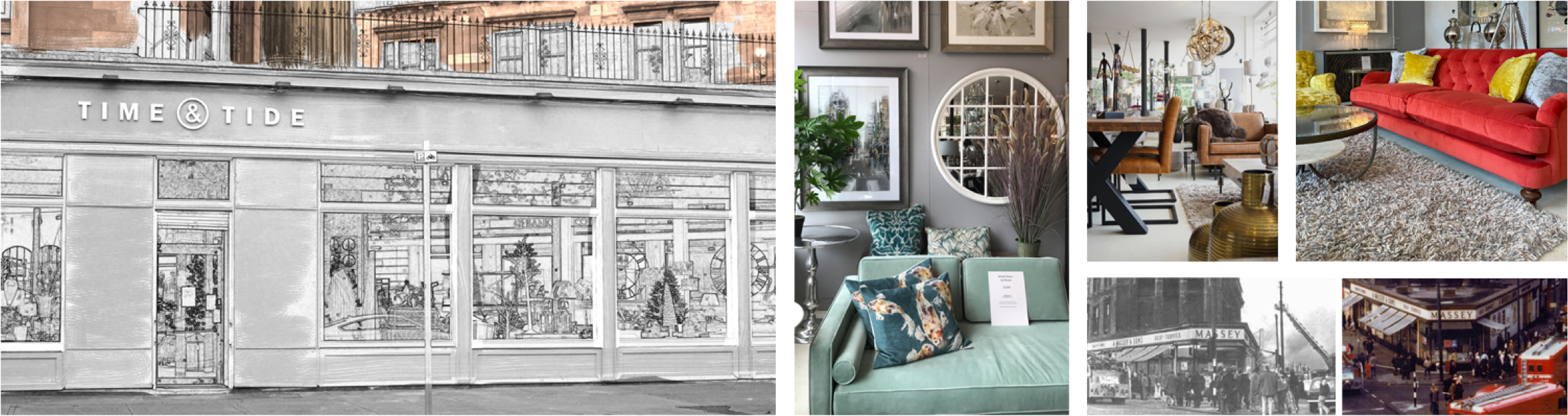 Illustration of St George's Cross, Glasgow store alongside images of red sofa and leather dining chairs