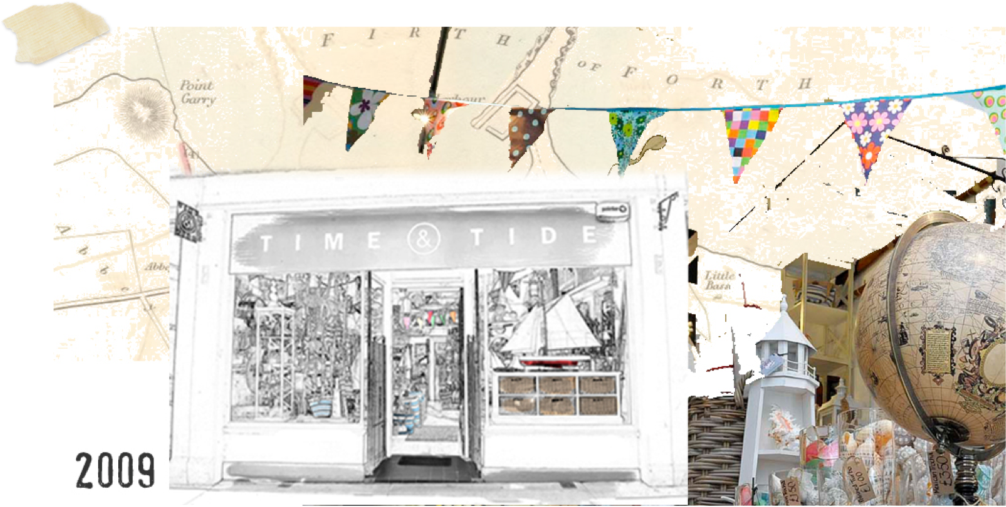 collage showing line drawing of north berwick store alongside text stating "2009" and internal shop photography