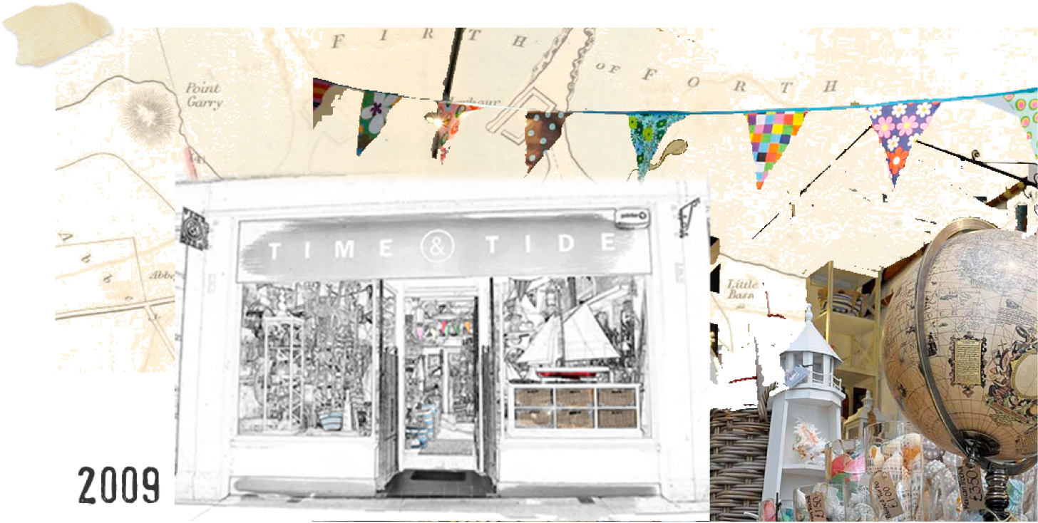 collage showing line drawing of north berwick store alongside text stating "2009" and internal shop photography