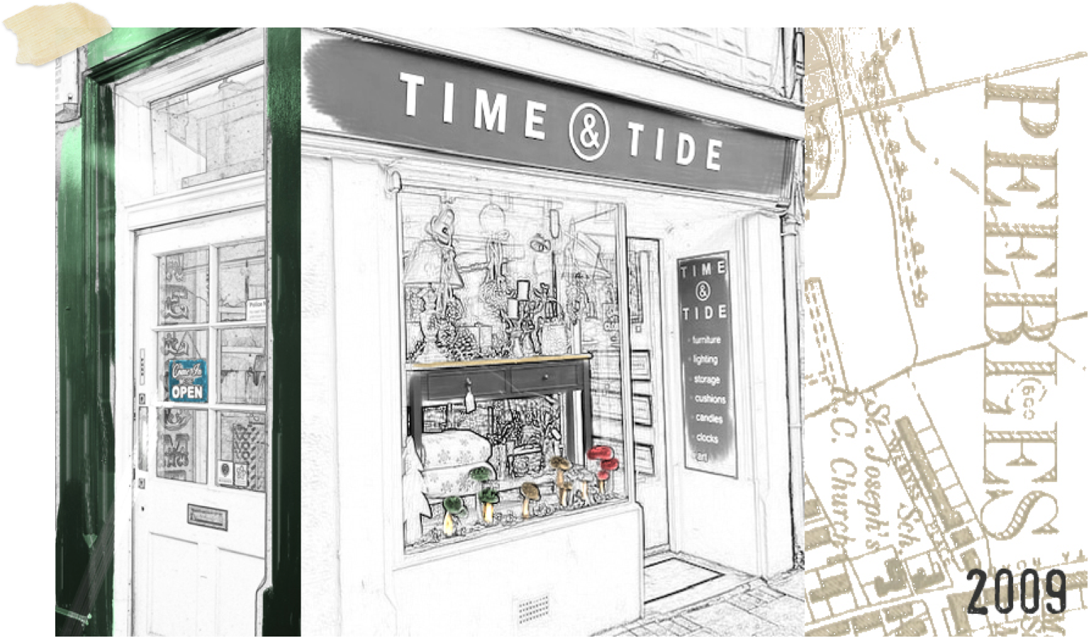 collage showing painting of first peebles store alongside map of peebles and text stating "2009"