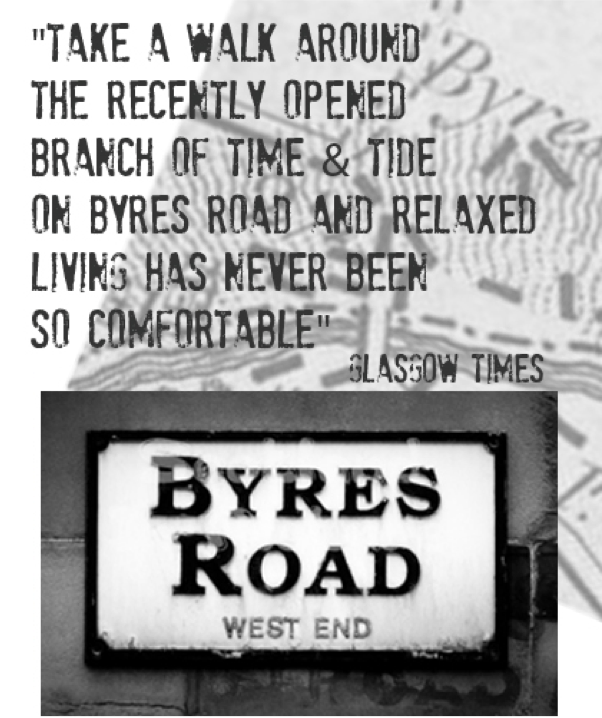 Byres Road Street Sign with quote from The Glasgow Times stating "relaxed living has never been so comfortable"