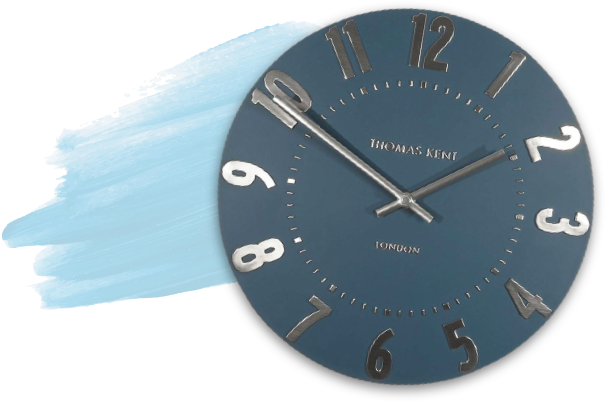 blue wall clock with blue paint behind