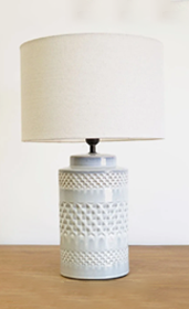 washed blue textured bedside lamp with neutral linen shade
