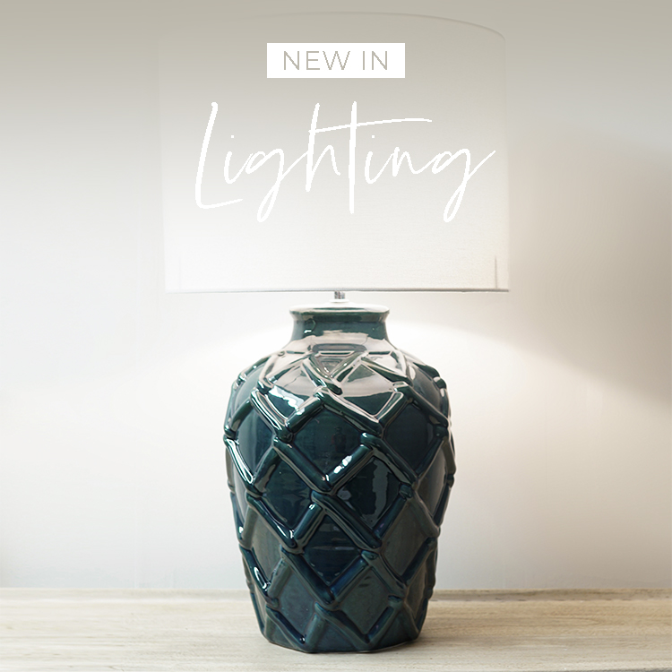 Blue Diamond Lamp with text "New In Lighting"
