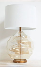 wavy gold transparent table lamp with white shade