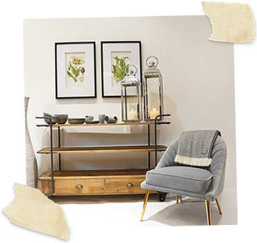 powder blue occasional chair with throw in front of console with framed botanical wall art above