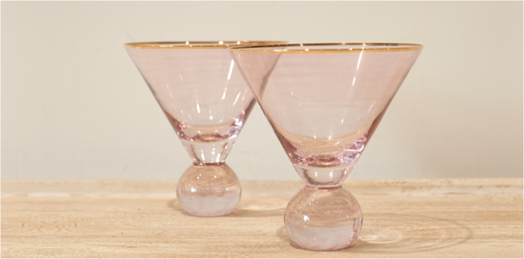 pink martini glasses with gold rim