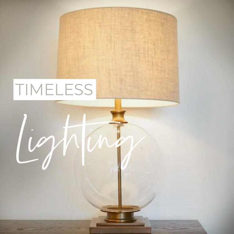 Glass ball table lamp with white shade showing text "Timeless Lighting"