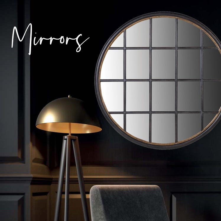 Black Round Windowpane Mirror with the text "Mirrors"